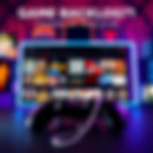 A gaming console with various game titles displayed on screen, showcasing titles 21 to 25 in a vibrant setting.