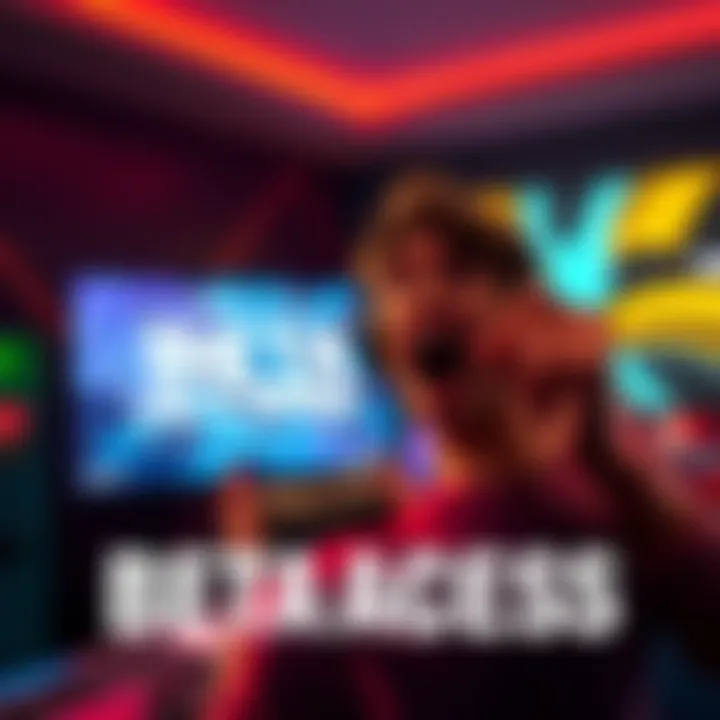 An excited gamer holding a controller with a screen showing beta access announcement