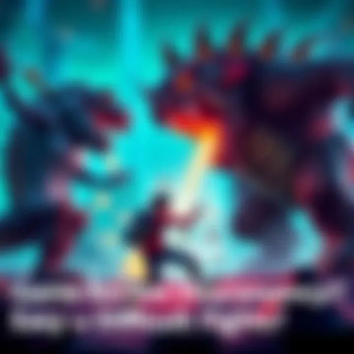 A character battling a large boss monster in a video game, showcasing intense action and contrasting difficulty levels, with a vibrant game environment in the background.