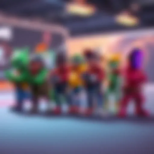 Game characters in action A group of colorful game characters standing together in a mobile game setting, showcasing their unique designs instead of symbols.