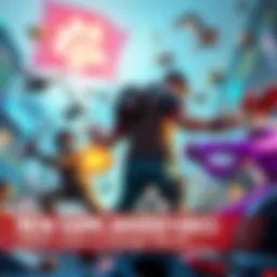 Dynamic scene showing game characters from different genres interacting and battling in a vibrant game world
