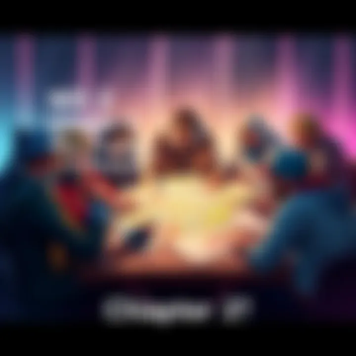A group of game characters gathered around a table, animatedly discussing theories about the return of Chapter 2, with maps and plans spread out before them.