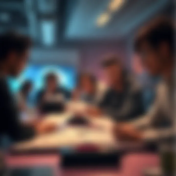 Game Company Closure Announcement A shocked group of game developers gathers around a table with documents and laptops, looking concerned about the company's sudden shutdown.