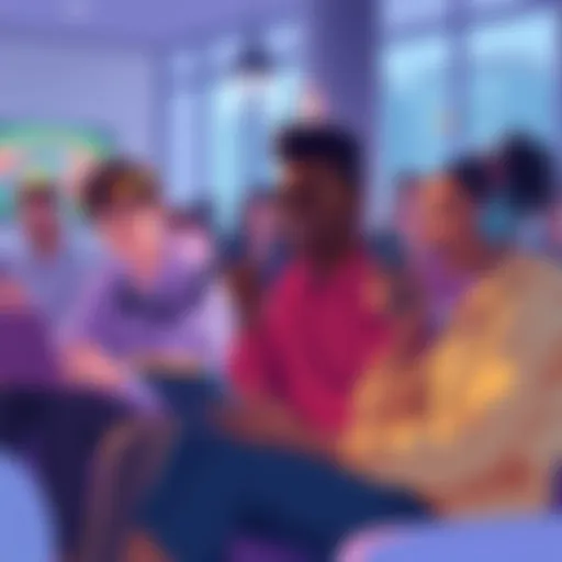 Illustration of people playing games that promote mental health through mindfulness and storytelling, showing joy and engagement.