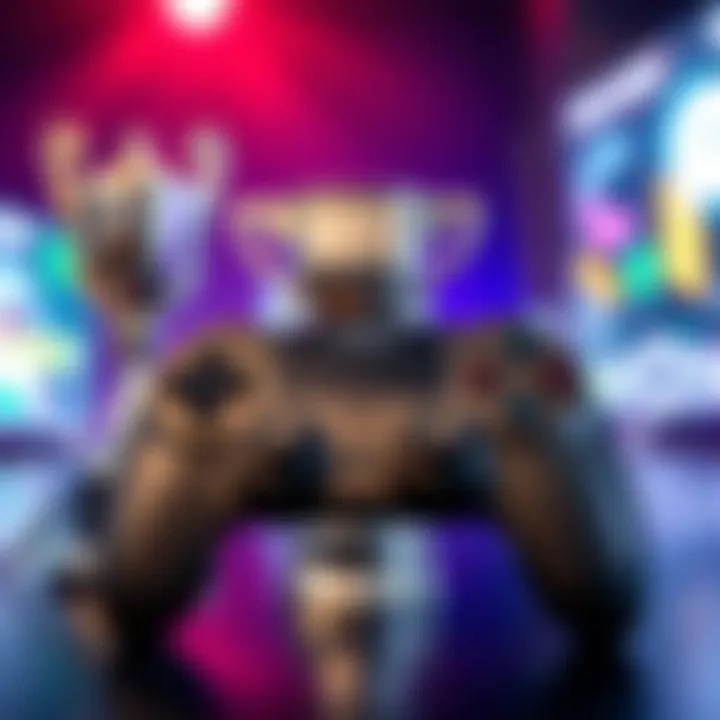 Game controller with platinum trophy A close-up of a game controller next to a shiny platinum trophy, symbolizing gaming achievements.