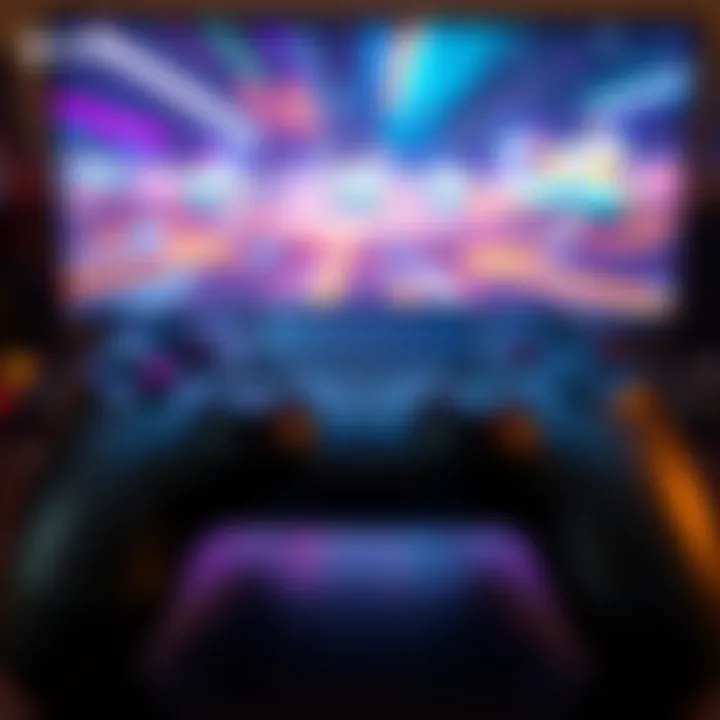 Game Controller with Ray Tracing Effects Close-up of a game controller displaying vibrant ray tracing graphics on a screen