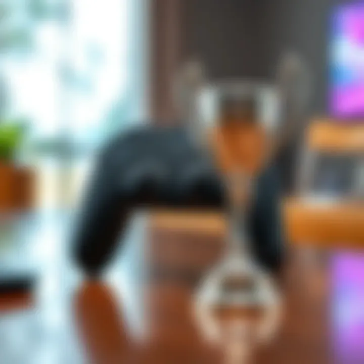 A game controller next to a shiny platinum trophy on a table, representing gaming success.