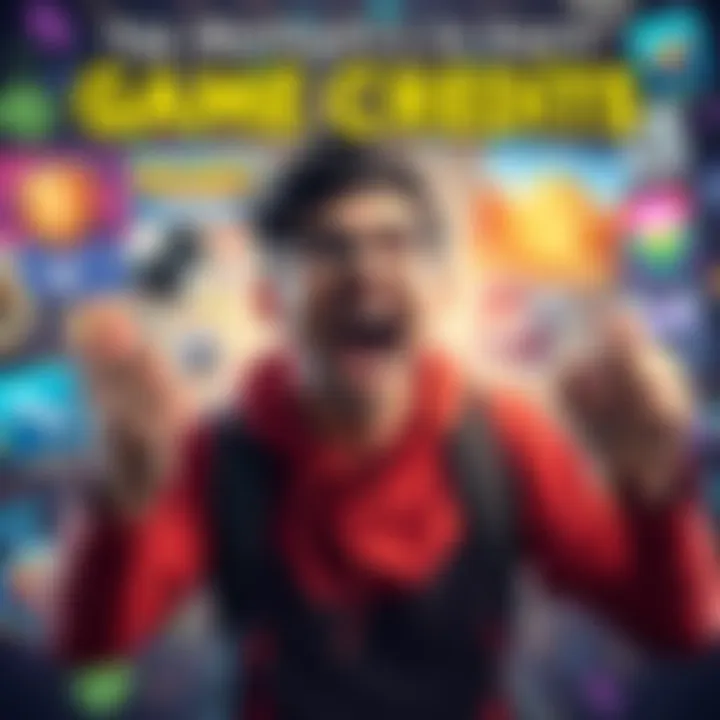 Game credits concept A player excitedly earning game credits through various methods, including grinding and strategies, with a background of gaming elements