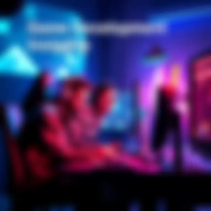 A team of game developers collaborating on a computer, showcasing innovative designs and concepts for a Triple A game.