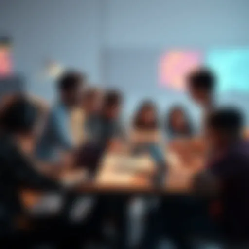 Group of people discussing video game projects at a table with sketches and laptops