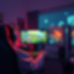 A person sitting at a computer, contemplating game development on the Dreams platform, with game designs visible on the screen.