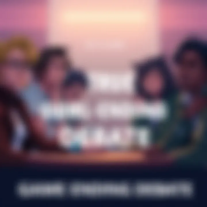 A group of characters from the game discussing their different endings in a lively setting, showing smiles and serious expressions.