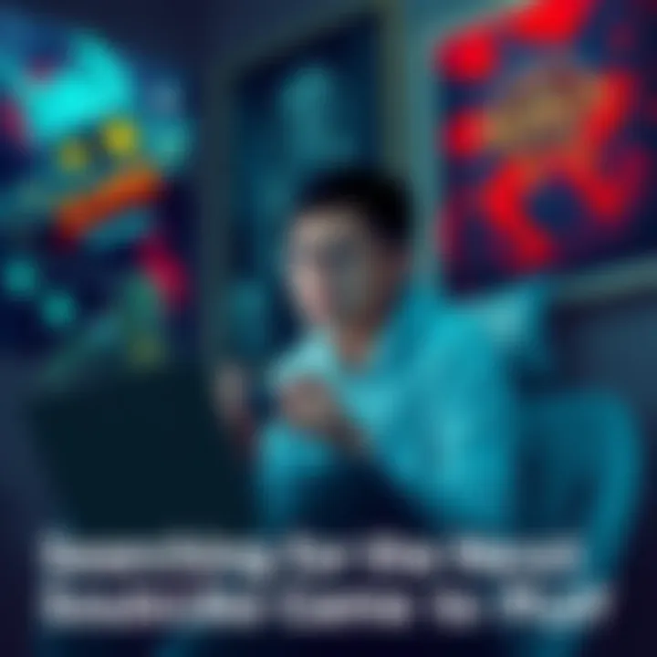 A person sitting with a controller, looking thoughtful while surrounded by game posters and a laptop, searching for Souls-like game recommendations.