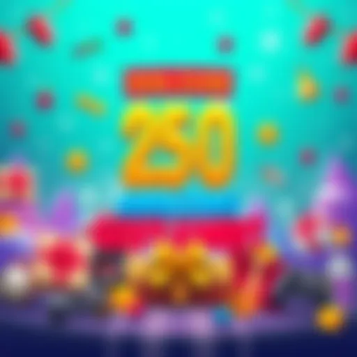 Colorful graphic promoting a giveaway of over 250 games with gaming icons and a festive theme