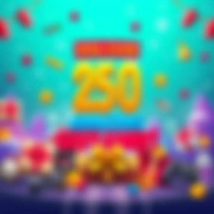 Colorful graphic promoting a giveaway of over 250 games with gaming icons and a festive theme