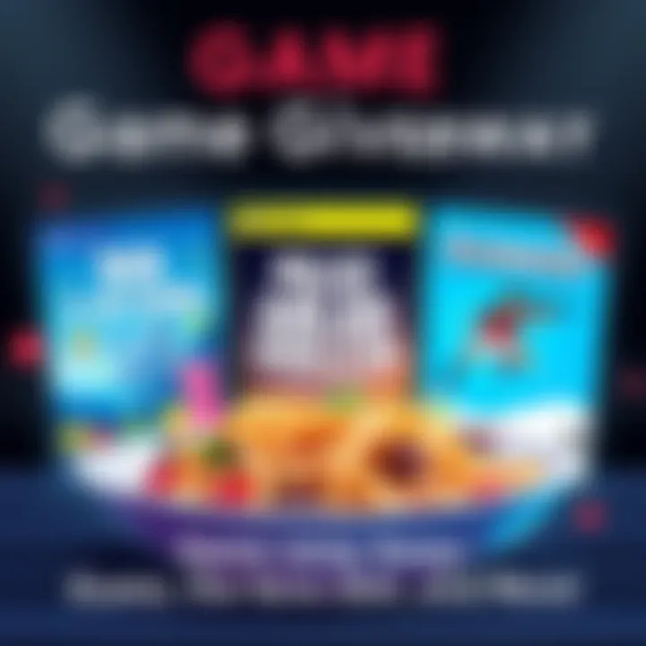 A colorful graphic displaying three game covers: Sea of Stars, Police Simulator, and Sledders, along with a pasta dish illustration and text about guessing the favorite dish.