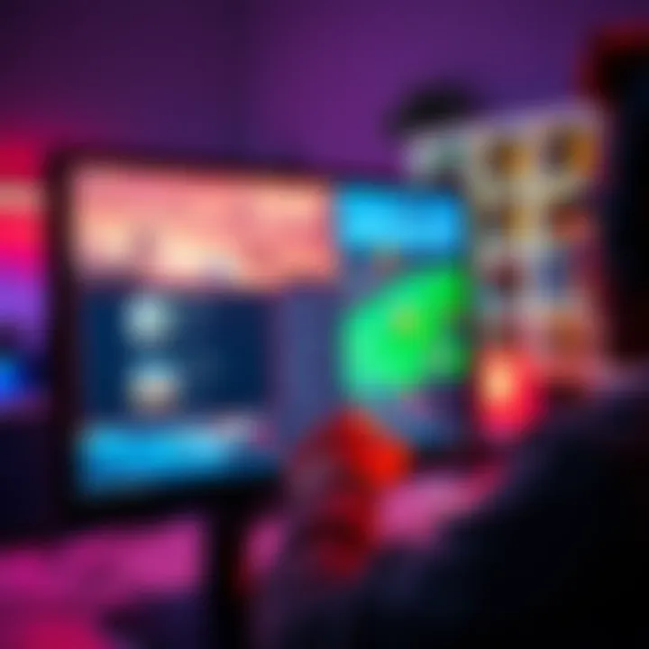 A gamer adjusting graphics settings on a computer screen, showcasing vibrant visuals in a video game, while troubleshooting display issues.
