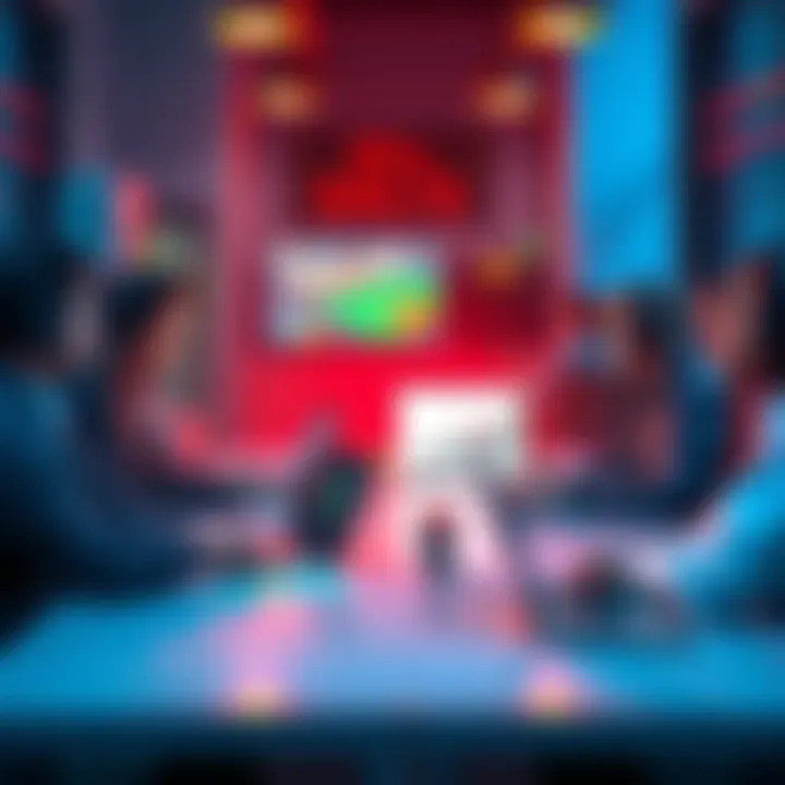 A group of gamers discussing the future of a game at a table, with charts and laptops open. They appear engaged and thoughtful about investments in gaming.