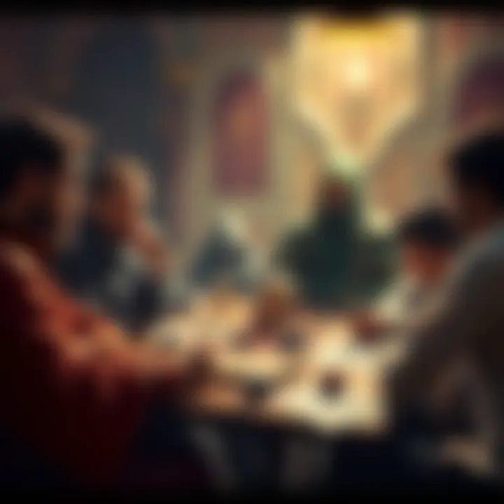 A group of players sitting around a table, discussing their choices in a tabletop role-playing game, with dice and character sheets in front of them.