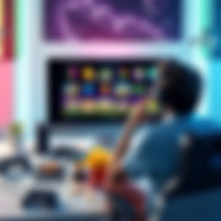 A person sitting at a computer, contemplating whether to redownload a video game with game icons on the screen, surrounded by game controllers and snacks.