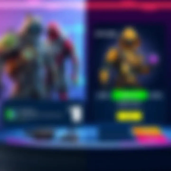 Game skins and battlepass comparison A visual comparison of virtual game skins and a battlepass interface, highlighting pricing and options for players.