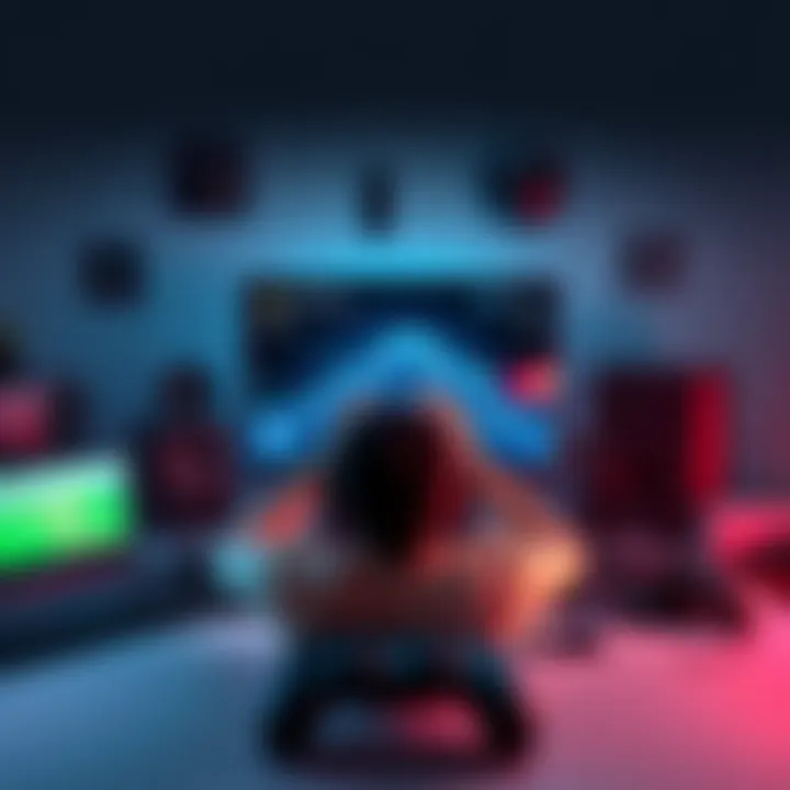 A player frustrated with a game stuck on a splash screen, surrounded by various gaming peripherals.