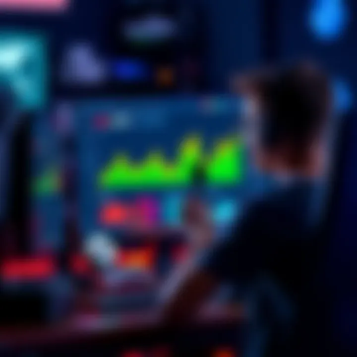 A beginner gamer looking at game statistics on a computer screen, surrounded by gaming gear.