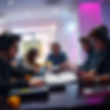 A group of gamers analyzing strategies at a table, with notes and devices open in front of them.