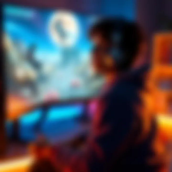 Game Upgrade Concept A gamer sitting in front of a screen contemplating the upgrade to a definitive edition of a game, with visuals of enhanced graphics around them.