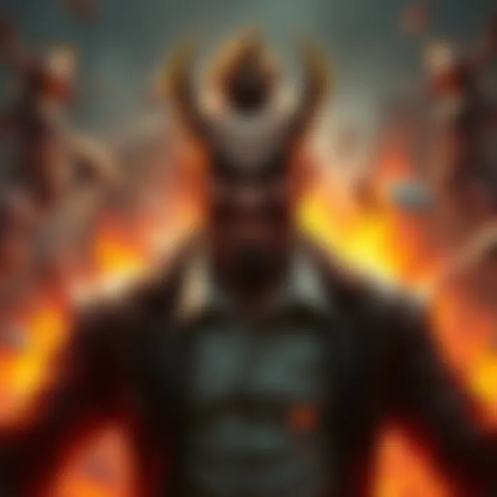 Game villain Rais character Rais, the antagonist in the game, shown with a smirk and menacing posture, surrounded by a chaotic background, suggesting his role in the story.