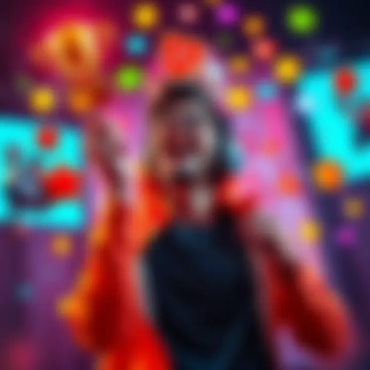 Game achievements concept A gamer celebrating after earning a trophy, surrounded by colorful achievement icons, showcasing excitement.