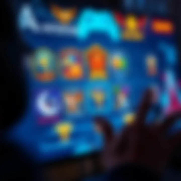 A close-up of a gaming screen showing various game achievements and trophies, with a player contemplating their next move.