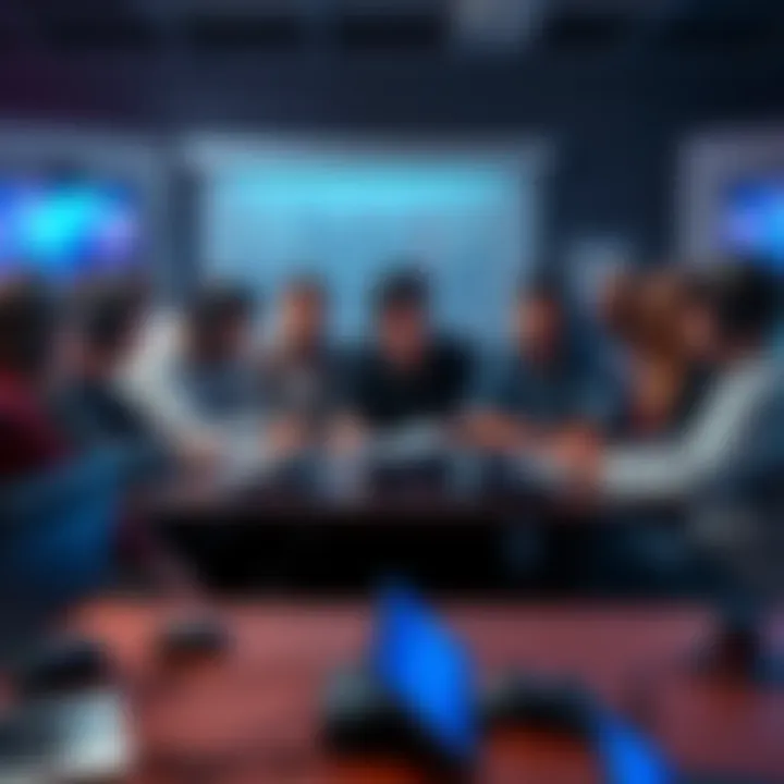 A diverse group of people discussing game balance around a table with gaming consoles and charts, emphasizing fairness in gameplay.