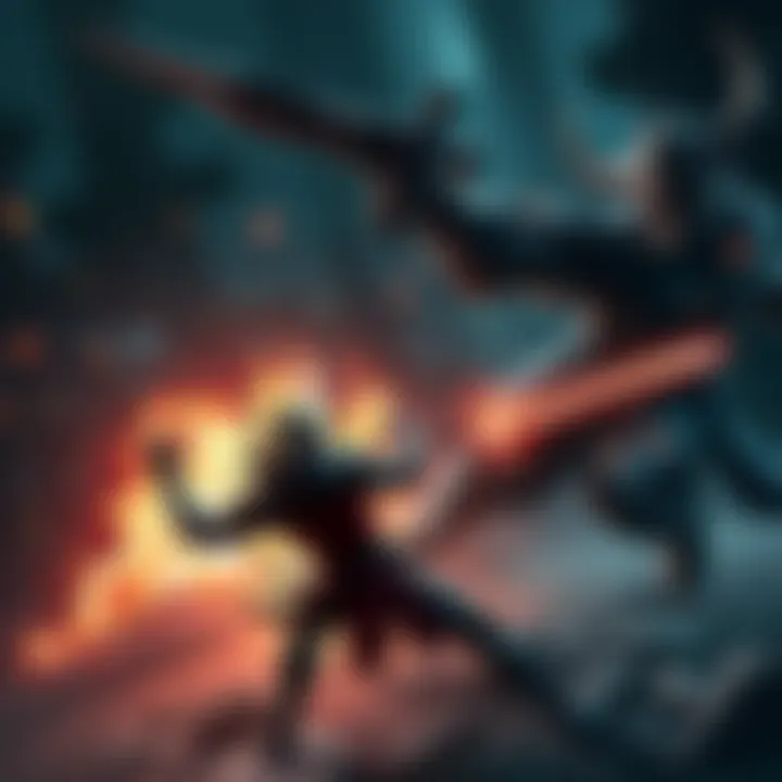 Game Character in Action A fierce game character battling a formidable foe in a dark fantasy setting