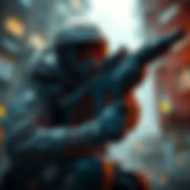 A game character engaged in intense combat, showcasing a gritty environment and tactical gear.