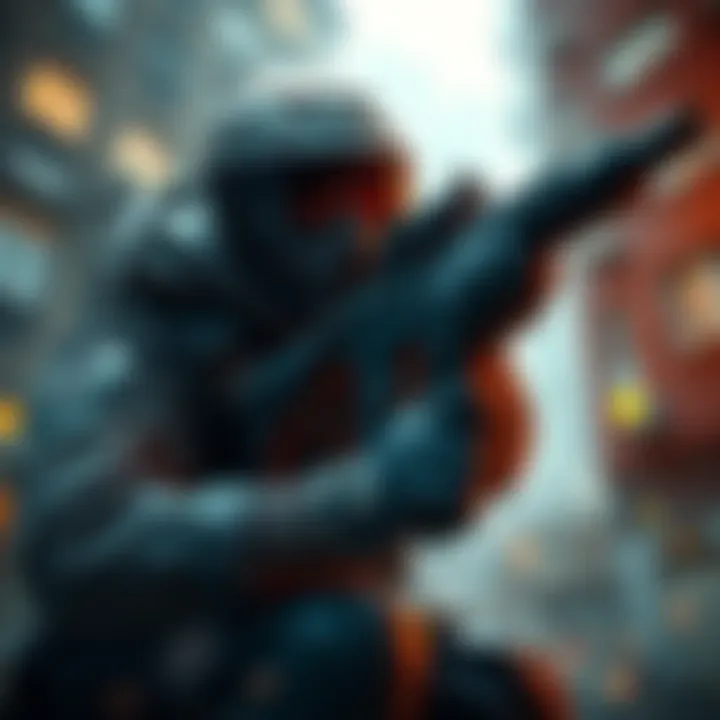 A game character engaged in intense combat, showcasing a gritty environment and tactical gear.