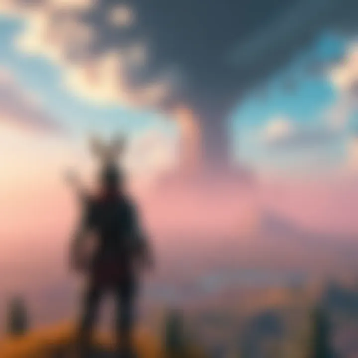 Game Character After Main Quest A game character standing in a vast open world, looking at new areas to explore after finishing the main quest.