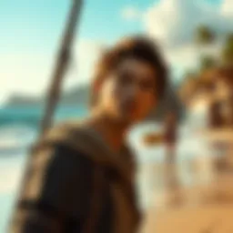 A game character looking thoughtful on a beach, pondering survival and relationships with others.