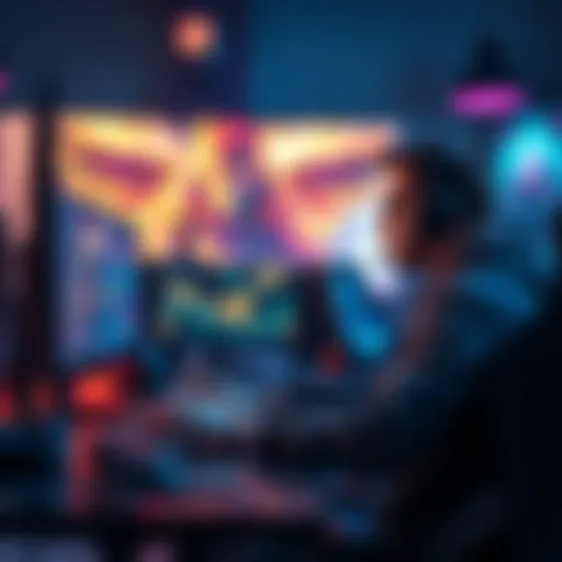 A gamer analyzing character builds after defeating the final boss, with a gaming setup in the background.