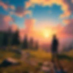 A game character standing in a vibrant landscape, looking at various paths in Chapter 2, symbolizing exploration and adventure.