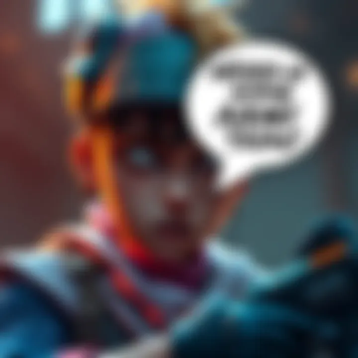 A game character looking puzzled with a speech bubble showing mixed-up commands like request ammo and taunt