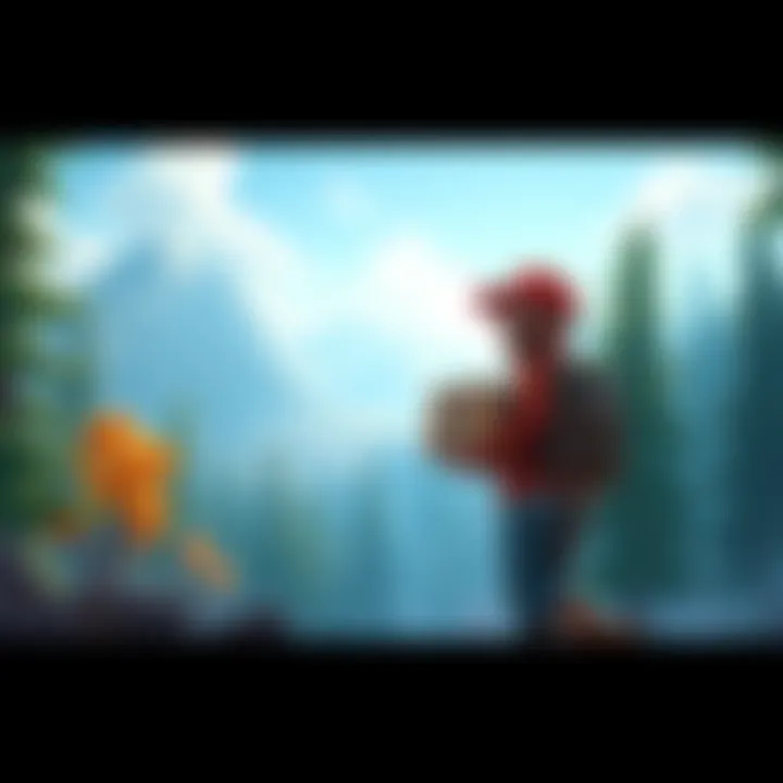 Game character delivering packages in the wilderness A game character carrying a package through a forest, surrounded by trees and mountains, showcasing the relaxing delivery gameplay