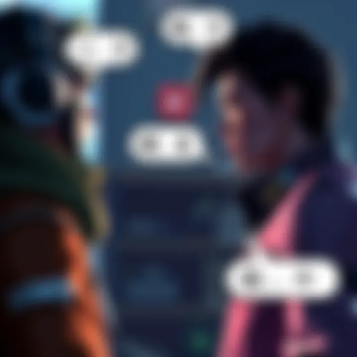 A scene from a video game showing two characters engaged in a thoughtful conversation, with speech bubbles illustrating their dialogue.