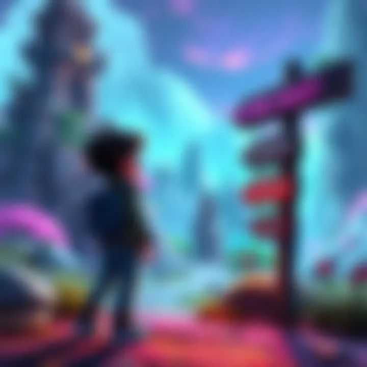A video game character standing in a colorful game world, looking at a sign that points to different side quests and replay features, with a sense of curiosity