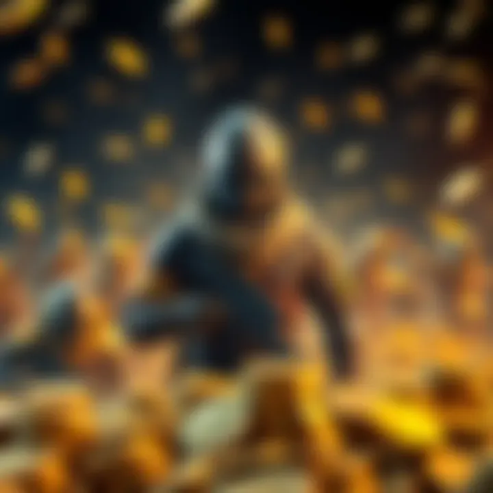 A game character surrounded by piles of gold coins after achieving many kills in a battle