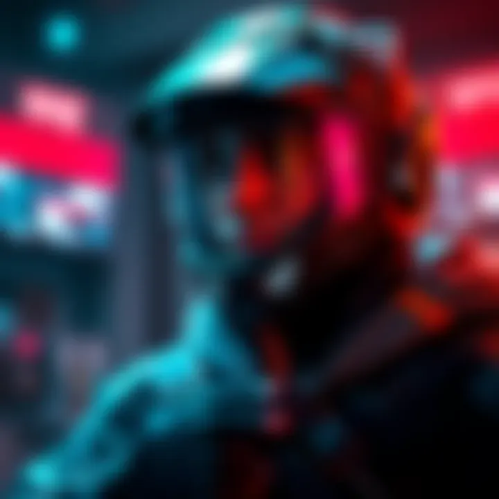 A gaming character wearing a helmet in a digital environment, showcasing helmet visibility issues