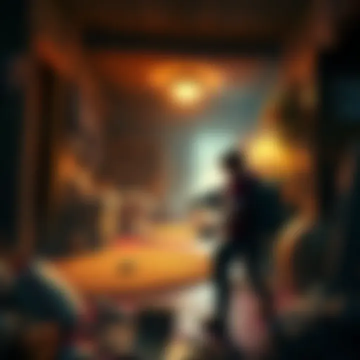 A character in video game gear searching through a home for items while enemies are defeated nearby.