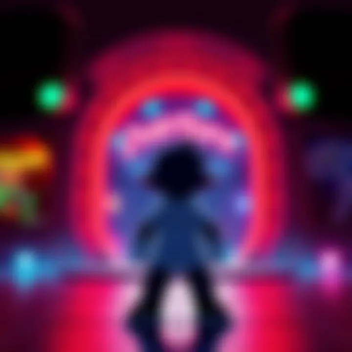 A game character stands in front of a portal labeled Overture, looking curious and excited, with vibrant game graphics in the background.