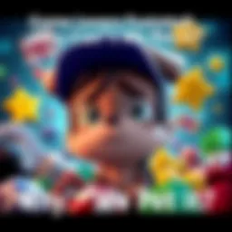 Game character looking sad A cartoon game character with a sad expression, surrounded by colorful game elements, indicating frustration about not being able to be petted by players.
