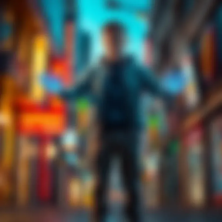 Person transforming from game character to real life A person in casual clothes with game character powers, like glowing hands and a confident stance, standing in a vibrant urban setting